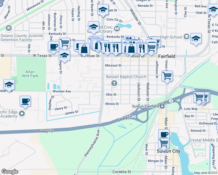 map of restaurants, bars, coffee shops, grocery stores, and more near 1211 Broadway Street in Fairfield