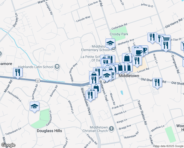 map of restaurants, bars, coffee shops, grocery stores, and more near 11315 Heritage Hill Court in Louisville