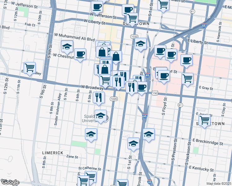 map of restaurants, bars, coffee shops, grocery stores, and more near 707 South 3rd Street in Louisville
