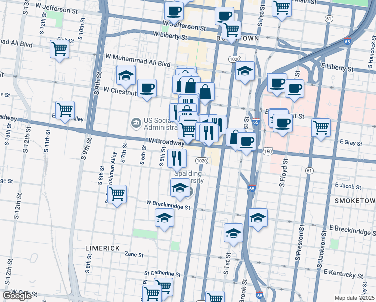 map of restaurants, bars, coffee shops, grocery stores, and more near 324 West Broadway in Louisville
