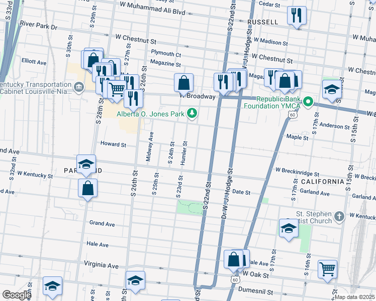 map of restaurants, bars, coffee shops, grocery stores, and more near 2312 Howard Street in Louisville