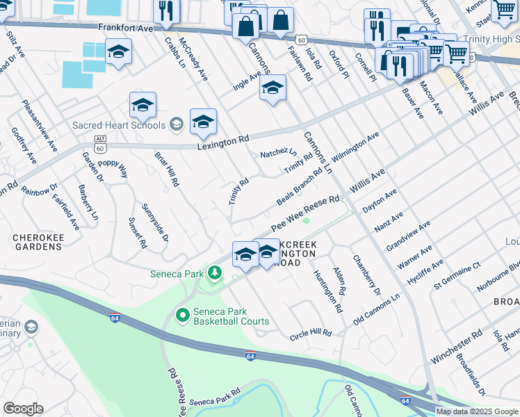 map of restaurants, bars, coffee shops, grocery stores, and more near 3211 Beals Branch Road in Louisville