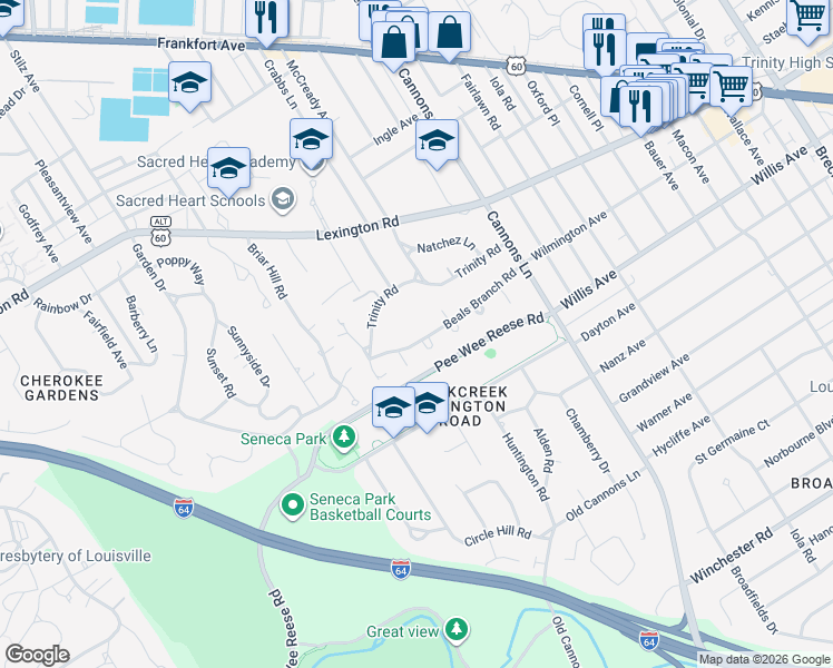 map of restaurants, bars, coffee shops, grocery stores, and more near 3211 Beals Branch Road in Louisville