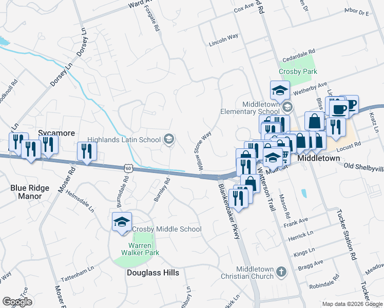map of restaurants, bars, coffee shops, grocery stores, and more near 108 Willow Stone Way in Louisville
