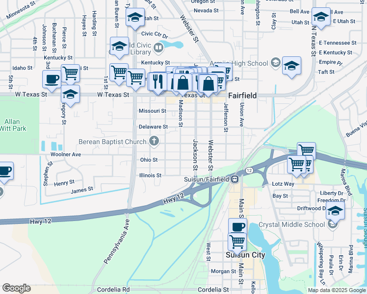 map of restaurants, bars, coffee shops, grocery stores, and more near 947 Broadway Street in Fairfield