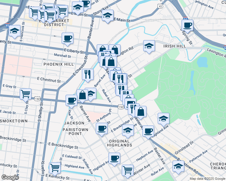 map of restaurants, bars, coffee shops, grocery stores, and more near in Louisville