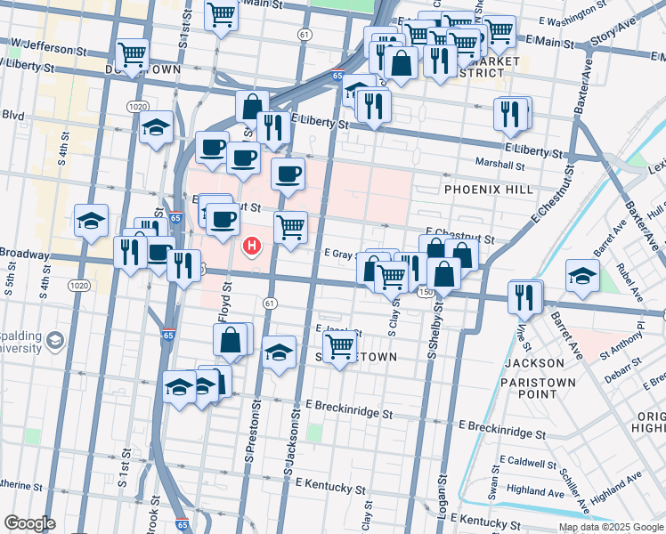 map of restaurants, bars, coffee shops, grocery stores, and more near 540 East Pin Alley in Louisville