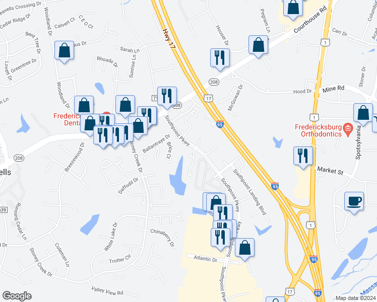 map of restaurants, bars, coffee shops, grocery stores, and more near 10708 Wakeman Drive in Fredericksburg