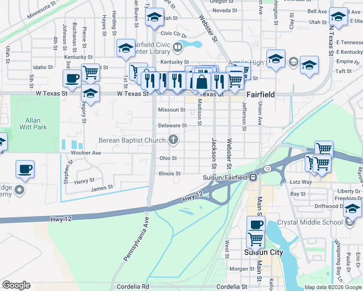 map of restaurants, bars, coffee shops, grocery stores, and more near 1101 Broadway Street in Fairfield