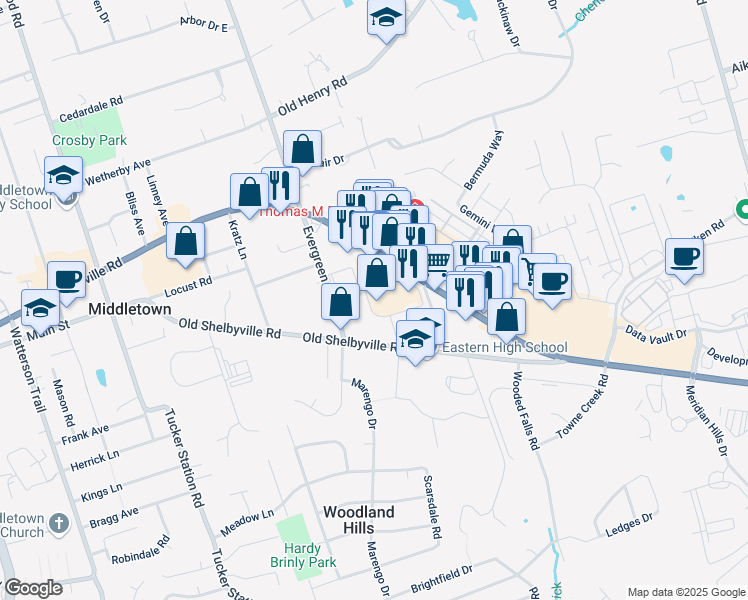 map of restaurants, bars, coffee shops, grocery stores, and more near 12308 Shelbyville Road in Louisville