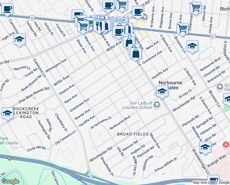 map of restaurants, bars, coffee shops, grocery stores, and more near 3641 Warner Avenue in Louisville