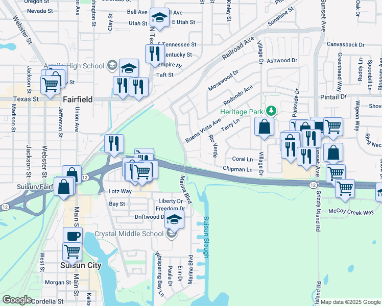map of restaurants, bars, coffee shops, grocery stores, and more near 201 Marina Boulevard in Suisun City