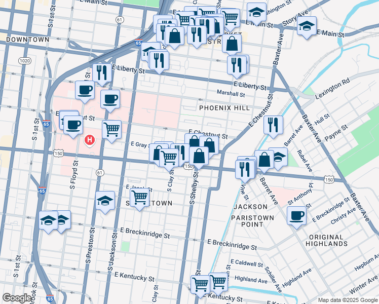 map of restaurants, bars, coffee shops, grocery stores, and more near 730 East Gray Street in Louisville