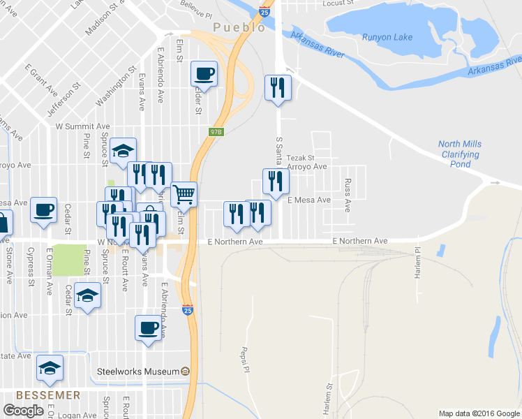 map of restaurants, bars, coffee shops, grocery stores, and more near 1220 Eilers Avenue in Pueblo