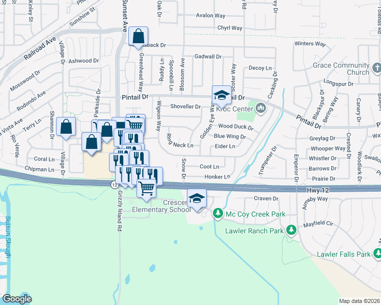 map of restaurants, bars, coffee shops, grocery stores, and more near 404 Wigeon Way in Suisun City