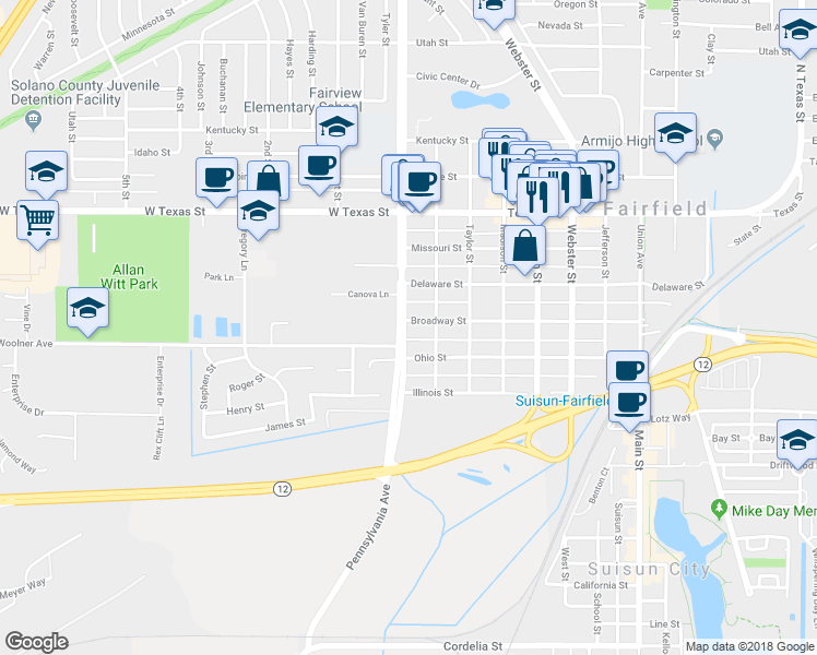 map of restaurants, bars, coffee shops, grocery stores, and more near 1211 Broadway Street in Fairfield