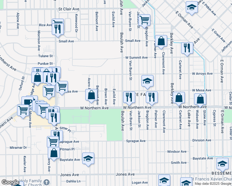 map of restaurants, bars, coffee shops, grocery stores, and more near 1202 Euclid Avenue in Pueblo