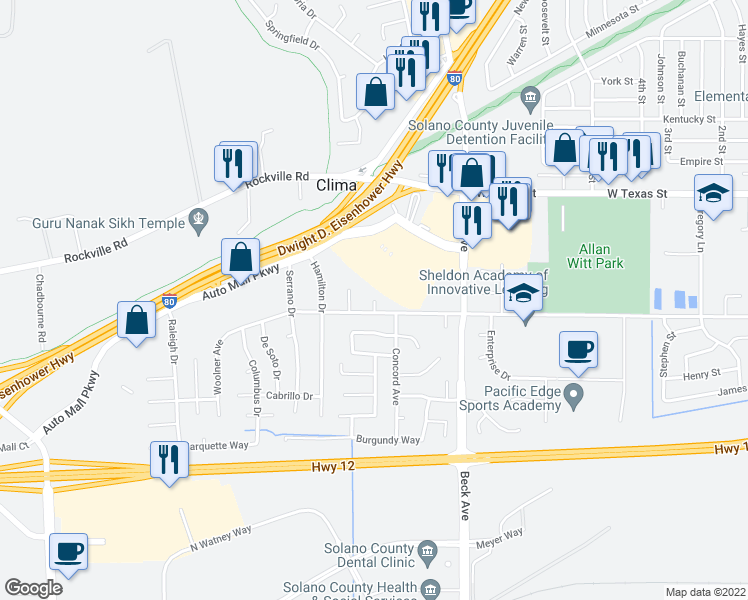 map of restaurants, bars, coffee shops, grocery stores, and more near 100 Merlot Court in Fairfield