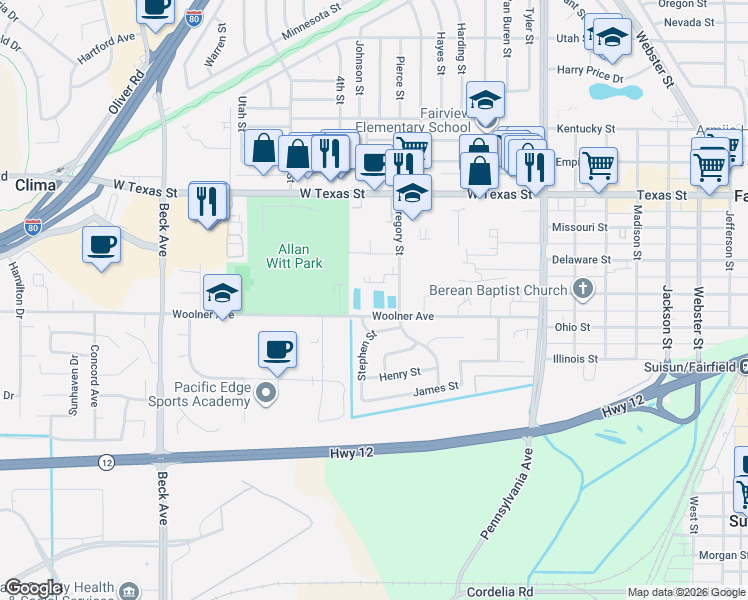 map of restaurants, bars, coffee shops, grocery stores, and more near in Fairfield