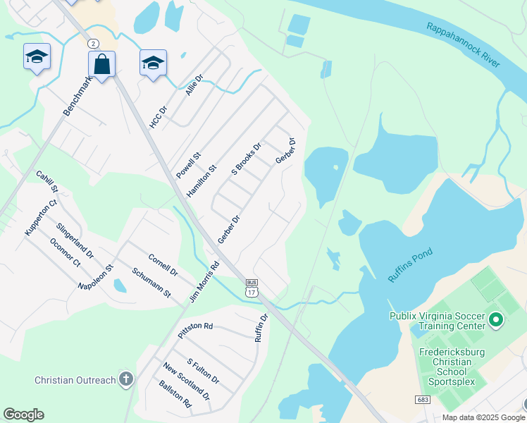 map of restaurants, bars, coffee shops, grocery stores, and more near 2402 Gifhorn Court in Fredericksburg