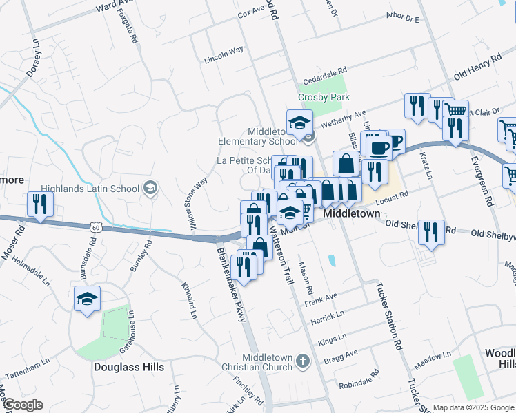 map of restaurants, bars, coffee shops, grocery stores, and more near 11315 Heritage Hill Court in Louisville