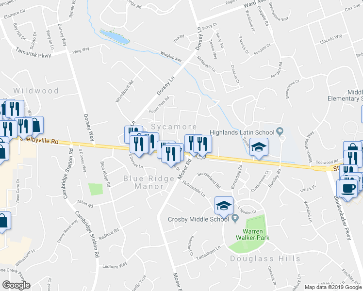 map of restaurants, bars, coffee shops, grocery stores, and more near 110 La Fontenay Court in Louisville