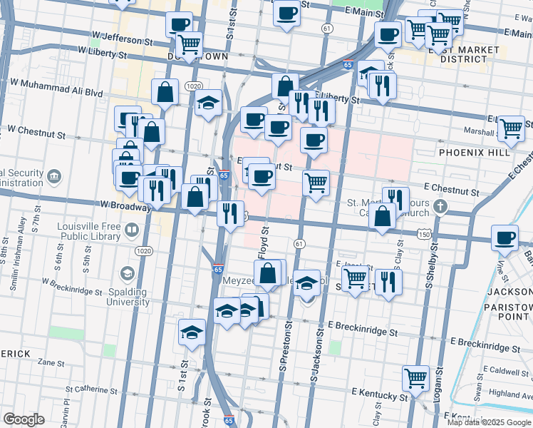 map of restaurants, bars, coffee shops, grocery stores, and more near in Louisville