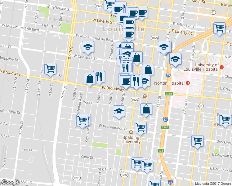 map of restaurants, bars, coffee shops, grocery stores, and more near 410 West Broadway in Louisville