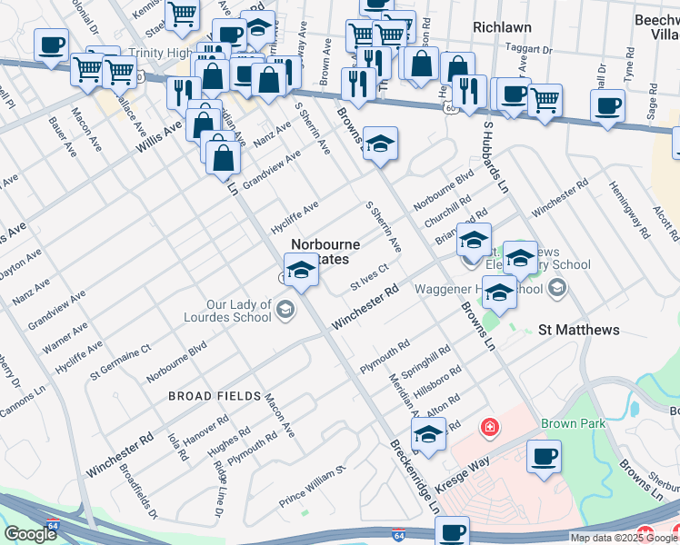 map of restaurants, bars, coffee shops, grocery stores, and more near 4006 Norbourne Boulevard in Louisville