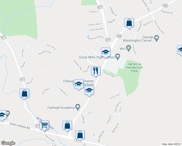 map of restaurants, bars, coffee shops, grocery stores, and more near 21072 Little Girls Way in Lexington Park