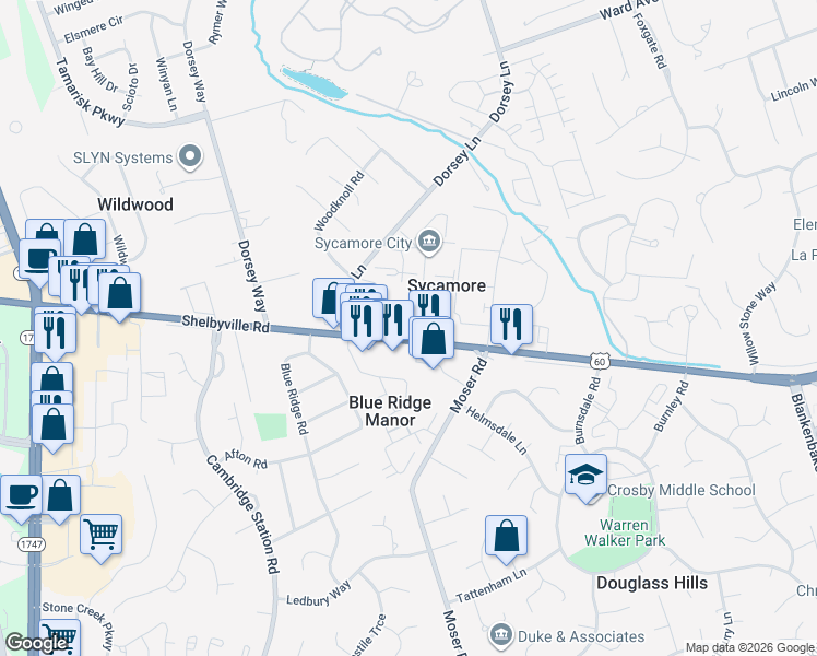 map of restaurants, bars, coffee shops, grocery stores, and more near 10335 Shelbyville Road in Blue Ridge Manor