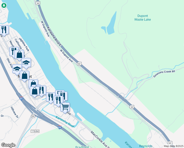 map of restaurants, bars, coffee shops, grocery stores, and more near U.S. 60 in Belle