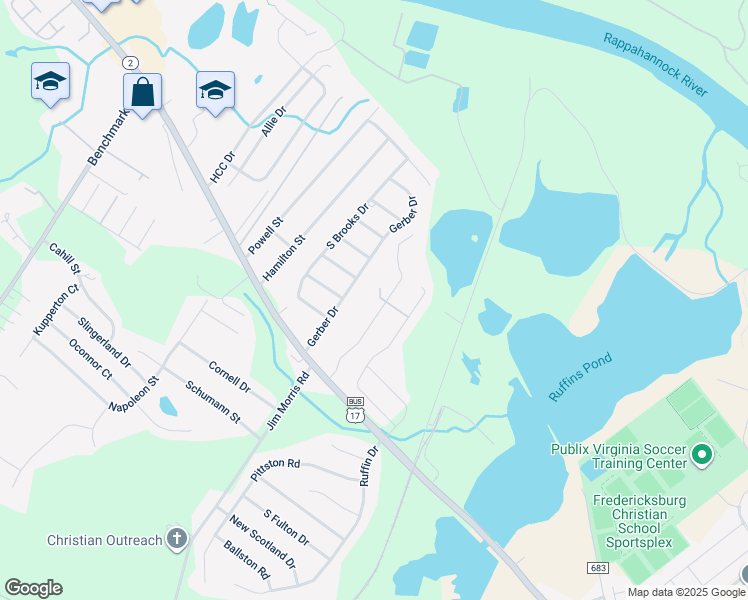 map of restaurants, bars, coffee shops, grocery stores, and more near 2402 Gifhorn Court in Fredericksburg