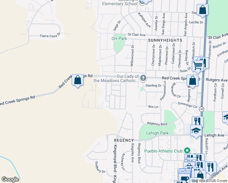map of restaurants, bars, coffee shops, grocery stores, and more near 5000 Red Creek Springs Road in Pueblo