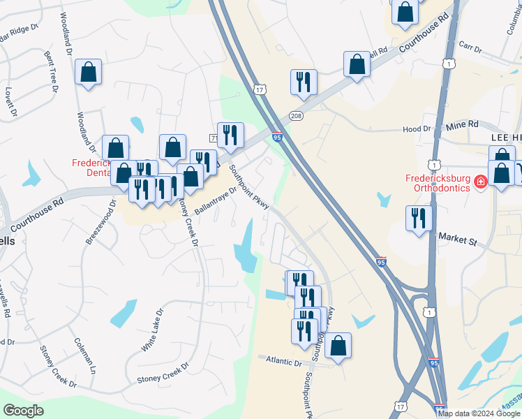 map of restaurants, bars, coffee shops, grocery stores, and more near 10712 Wakeman Drive in Fredericksburg