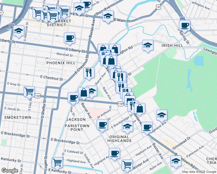 map of restaurants, bars, coffee shops, grocery stores, and more near in Louisville