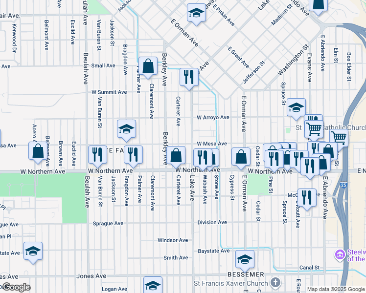 map of restaurants, bars, coffee shops, grocery stores, and more near 1212 Carteret Avenue in Pueblo