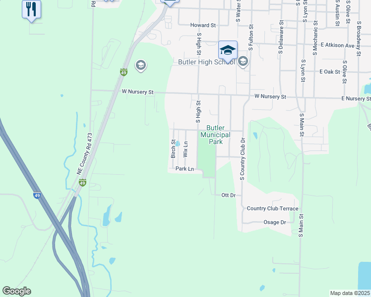 map of restaurants, bars, coffee shops, grocery stores, and more near 816 South High Street in Butler