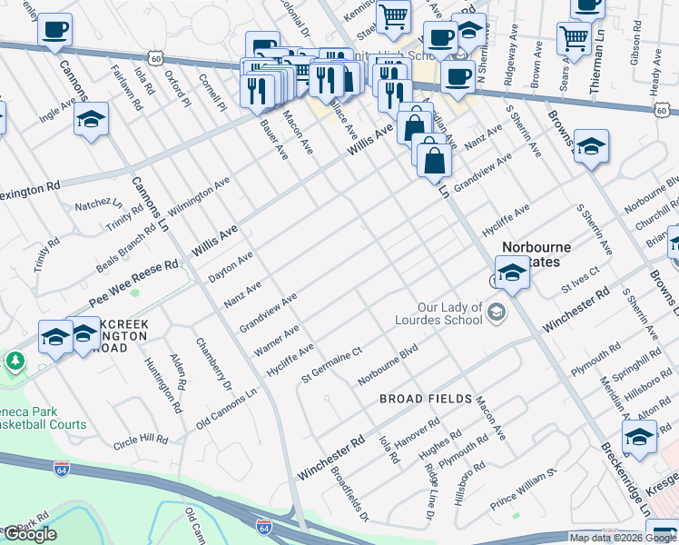map of restaurants, bars, coffee shops, grocery stores, and more near 3426 Grandview Avenue in Louisville