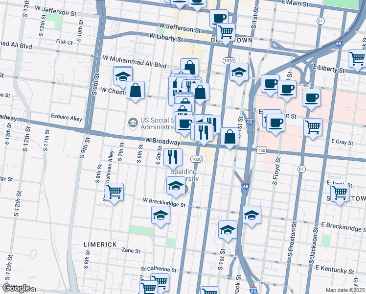 map of restaurants, bars, coffee shops, grocery stores, and more near 324 West Broadway in Louisville