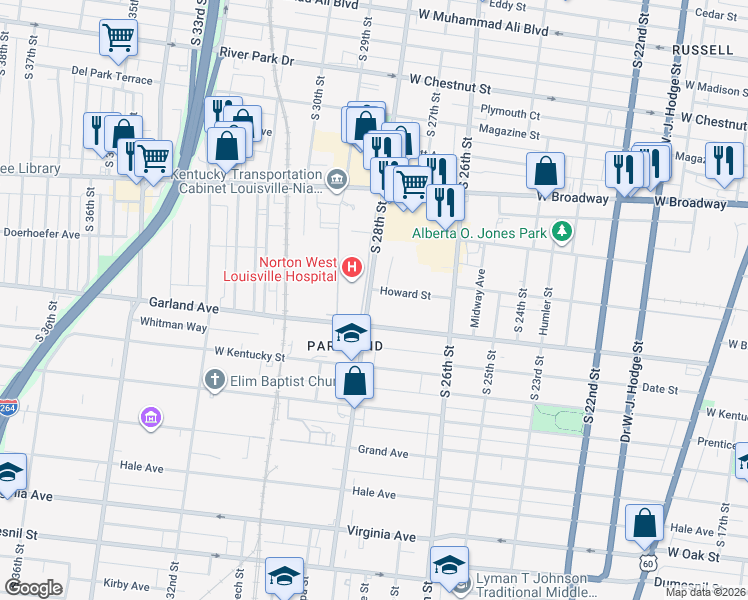 map of restaurants, bars, coffee shops, grocery stores, and more near 849 South 28th Street in Louisville