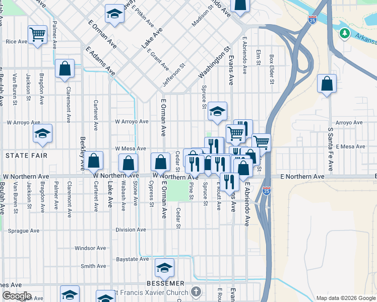map of restaurants, bars, coffee shops, grocery stores, and more near 1215 Pine Street in Pueblo