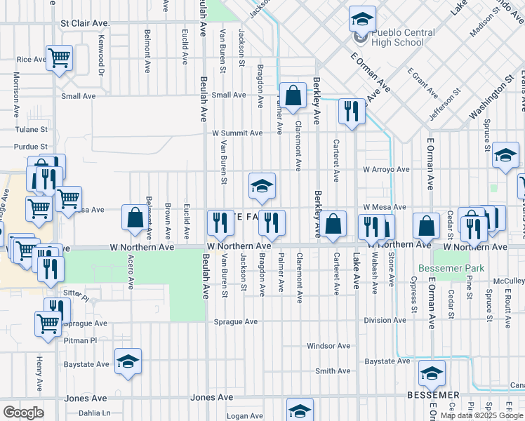 map of restaurants, bars, coffee shops, grocery stores, and more near 1202 Bragdon Avenue in Pueblo