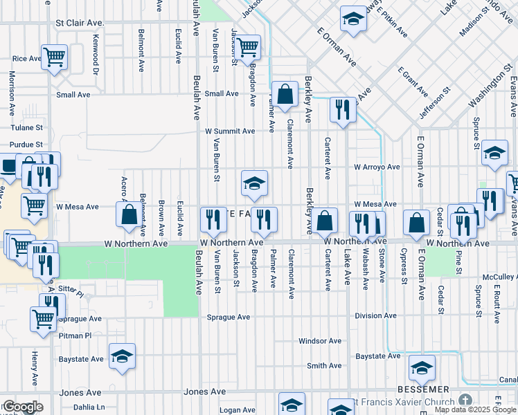 map of restaurants, bars, coffee shops, grocery stores, and more near 1202 Bragdon Avenue in Pueblo