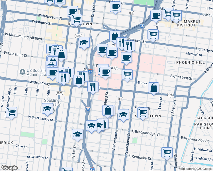 map of restaurants, bars, coffee shops, grocery stores, and more near 676 South Floyd Street in Louisville