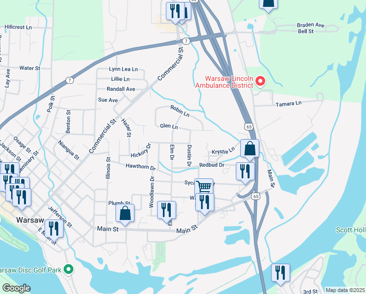 map of restaurants, bars, coffee shops, grocery stores, and more near 912 Elm Drive in Warsaw