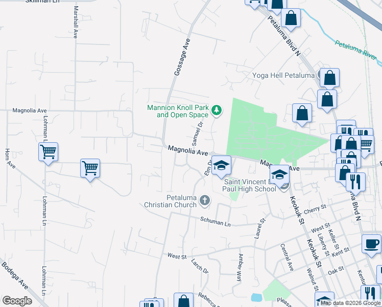 map of restaurants, bars, coffee shops, grocery stores, and more near 1144 Birch Drive in Petaluma