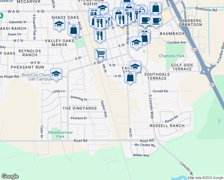 map of restaurants, bars, coffee shops, grocery stores, and more near 699 Downing Drive in Galt