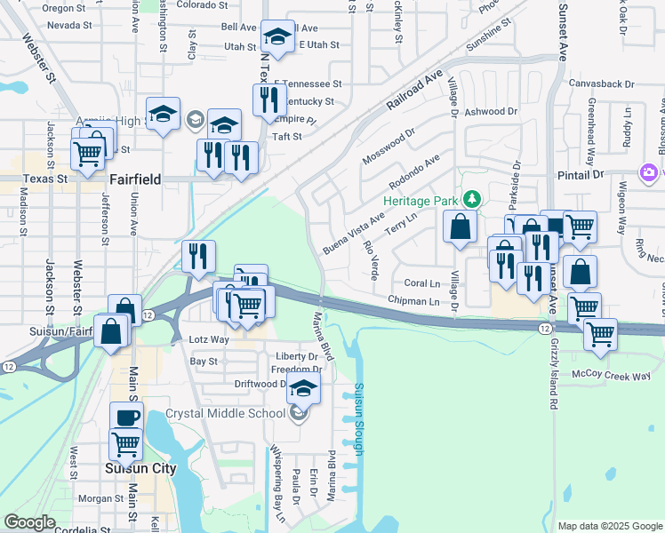 map of restaurants, bars, coffee shops, grocery stores, and more near 201-203 Marina Blvd in Suisun City