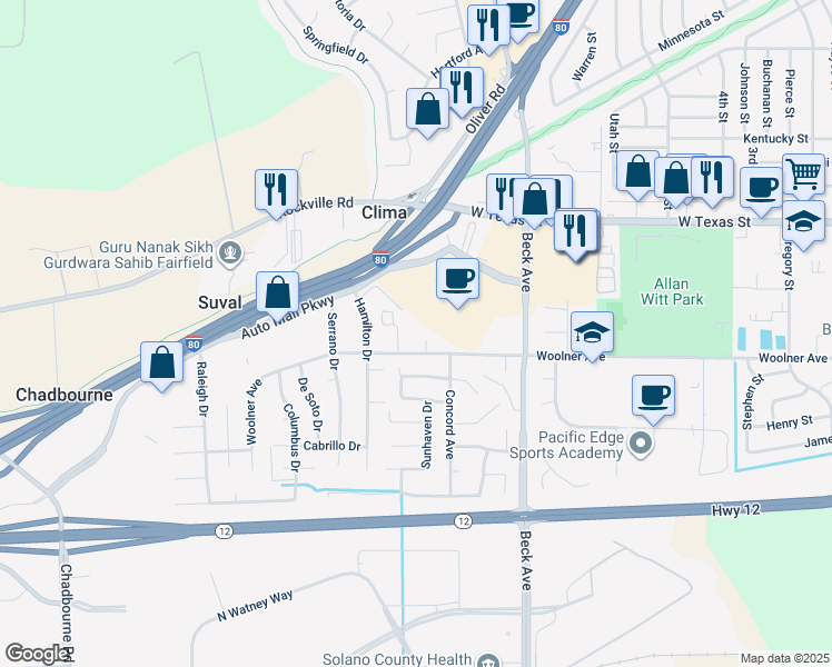 map of restaurants, bars, coffee shops, grocery stores, and more near 2119 Merlot Court in Fairfield